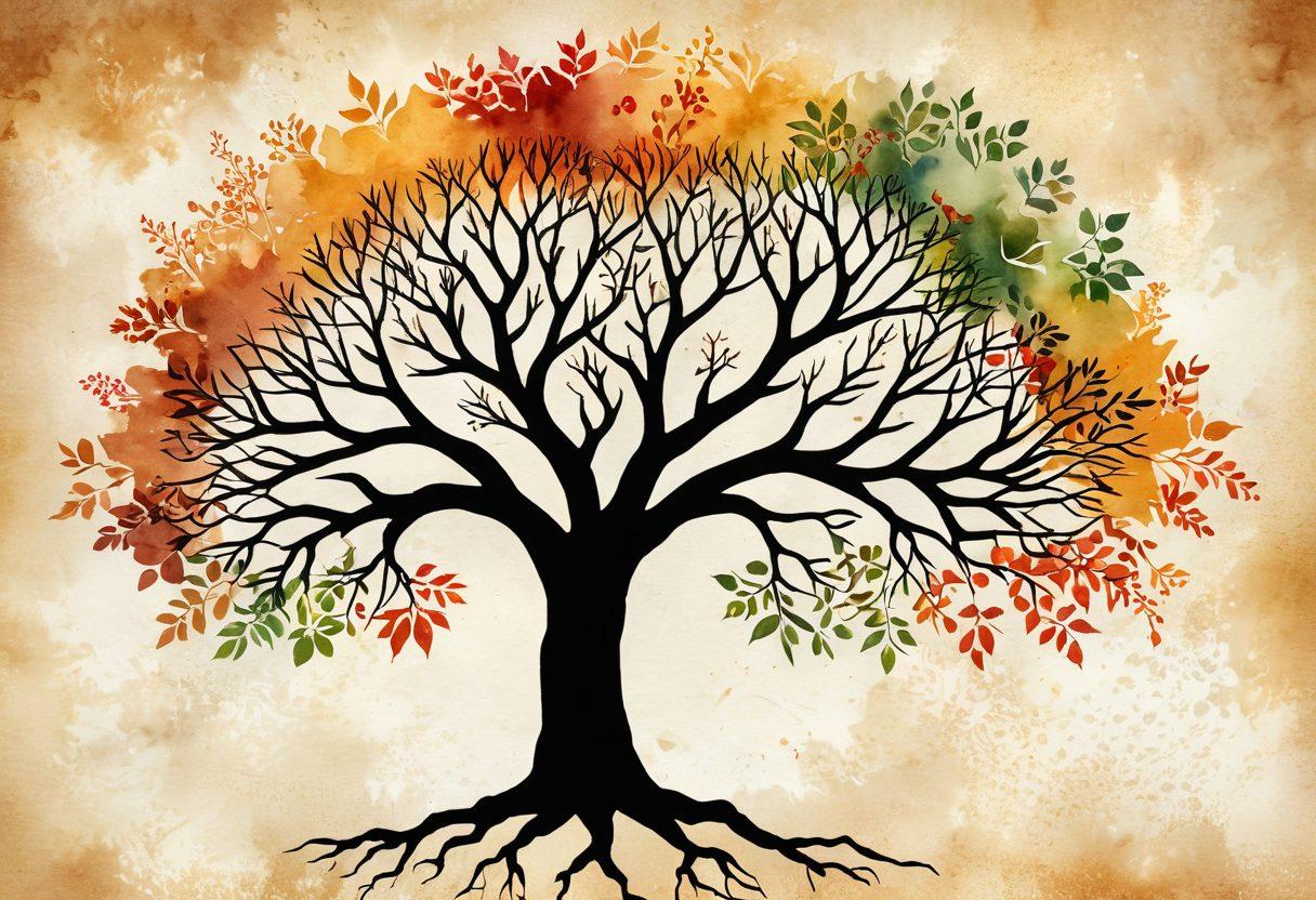 A beautifully detailed family tree sprawling across a parchment background, with vibrant leaves representing different ancestral branches. Intertwined with delicate images of multicultural heritage symbols, like an ancient scroll, pottery, and cultural artifacts. Soft golden light illuminating the roots of the tree, symbolizing history and connection. Ethereal silhouettes of ancestors in the background, embodying a sense of unity and legacy. watercolor look. warm colors. textured background.