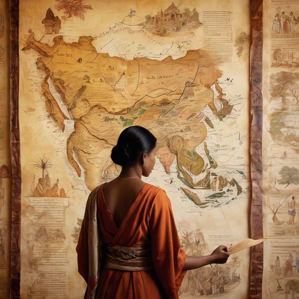 A collage featuring a diverse array of ancestral artifacts, family trees, and ancient maps intertwined, symbolizing the complexity of ethnic backgrounds. In the foreground, a person tracing their lineage on a scroll, with a backdrop of historical landmarks and cultural symbols from around the world. Soft ethereal lighting to create an engaging and contemplative atmosphere. vibrant colors. painting.